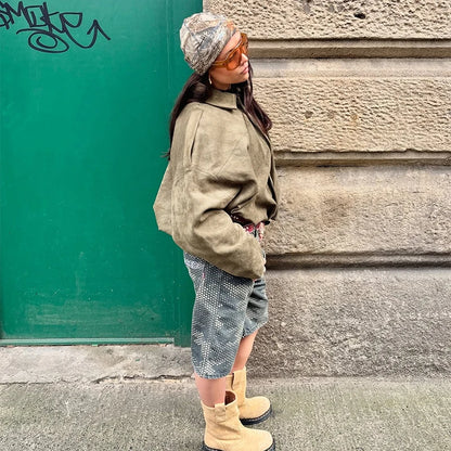 Fall Outfit Inspiration Green Short Jacket With Zipper And Lapel Style