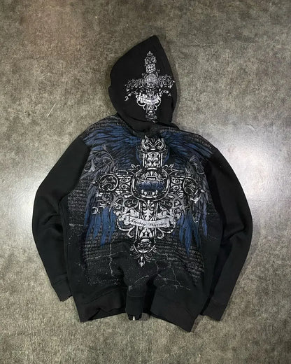 Y2K Grunge Zip Hoodie With Vintage Print For 2025 Fall Outfits Aesthetic