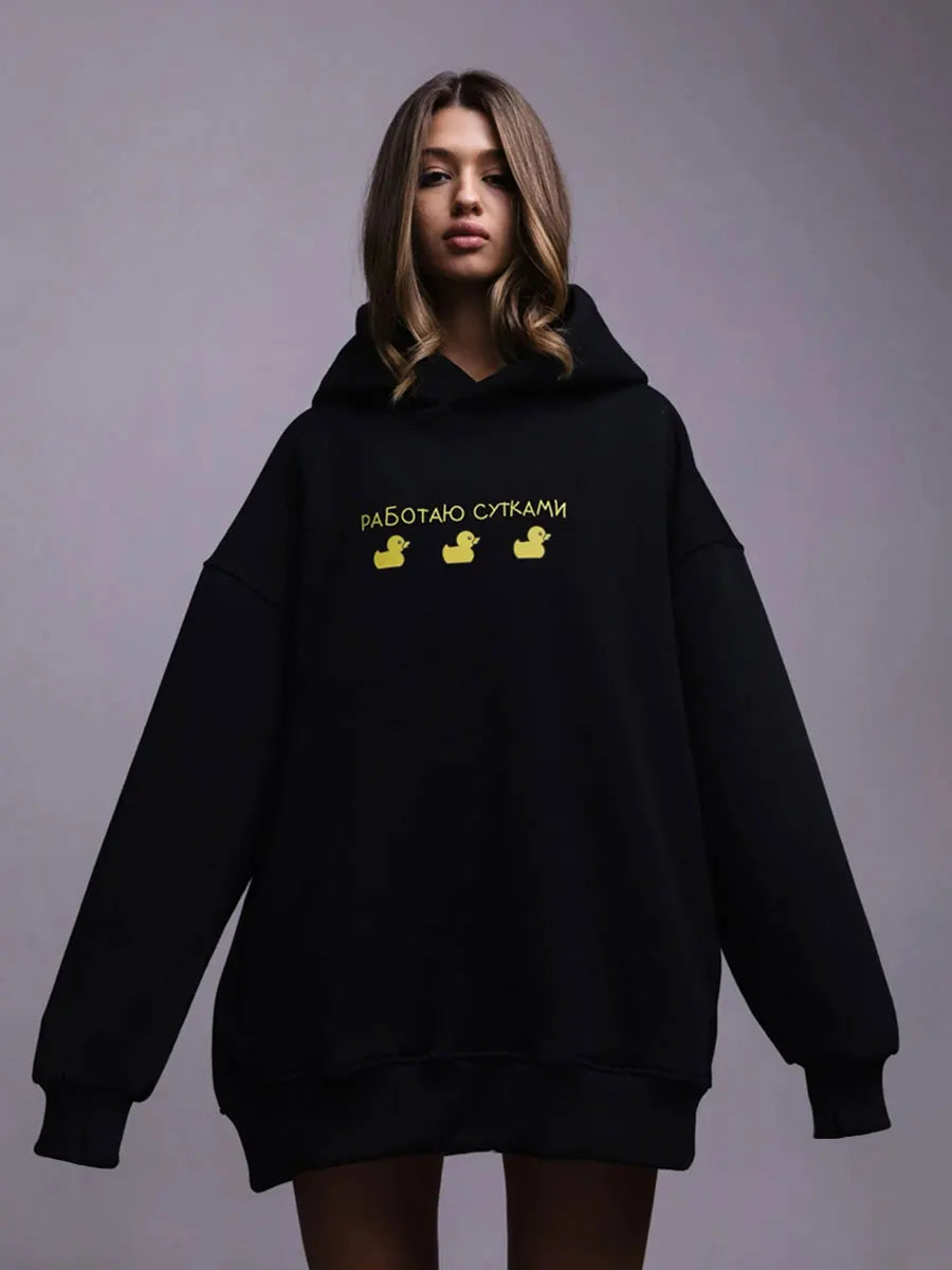 Oversized Duck Print Hoodie With Fleece For Cozy 2025 Fall Outfits Style