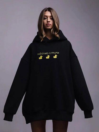 Oversized Duck Print Hoodie With Fleece For Cozy 2025 Fall Outfits Style