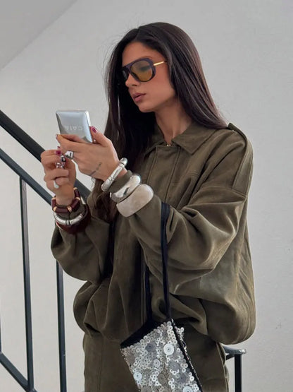 Loose Fit Suede Bomber Jacket Outfit Casual Fall Trend For Women With Lapel Zipper