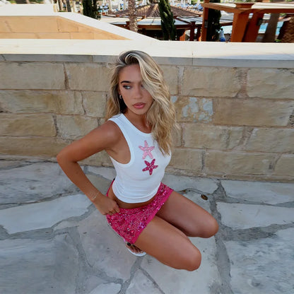 Shiny Sequin Summer Beach Set With Sexy Backless Vest and Mini Holiday Skirt Vibes