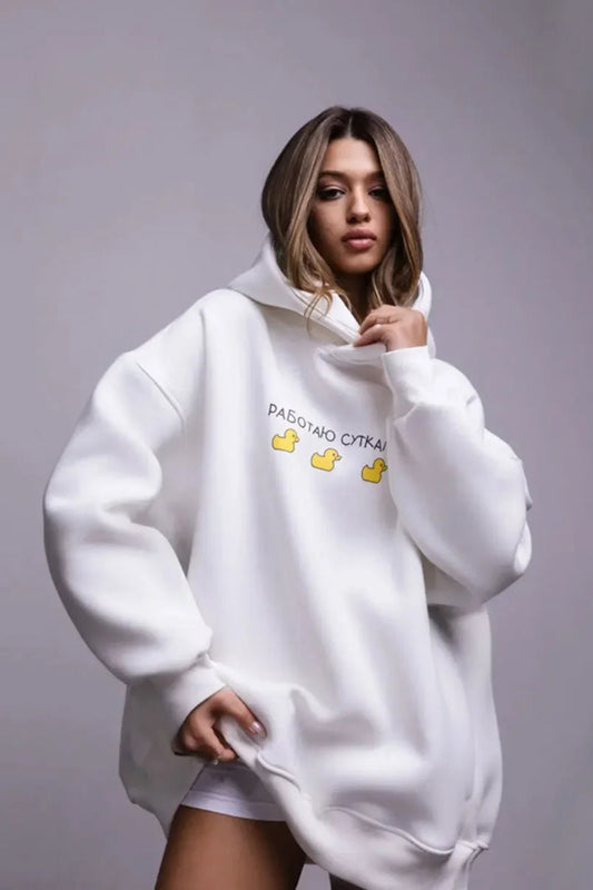 Oversized Duck Print Hoodie With Fleece For Cozy 2025 Fall Outfits Style