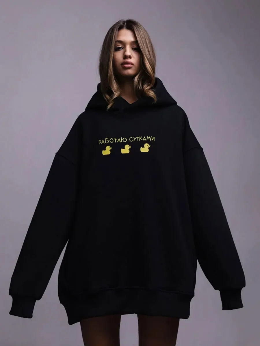 Oversized Duck Print Hoodie With Fleece For Cozy 2025 Fall Outfits Style