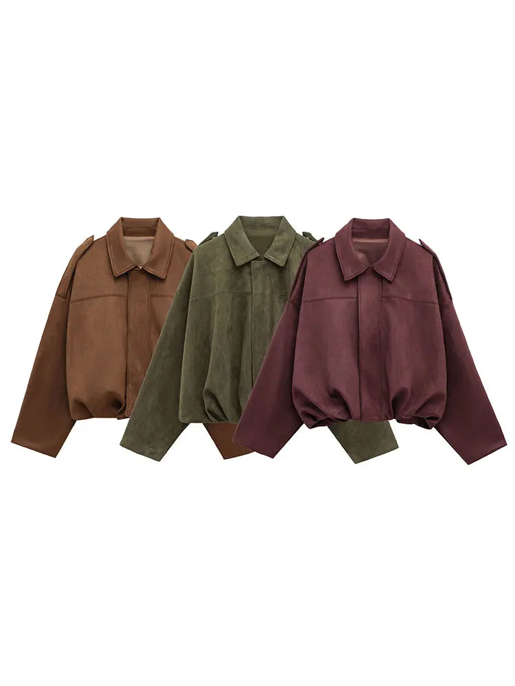 Loose Fit Suede Bomber Jacket Outfit Casual Fall Trend For Women With Lapel Zipper