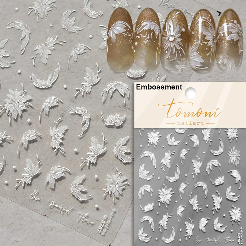 Autumn Nail Art Stickers With White Flowers And Gradient Shine For Fall Nail Ideas