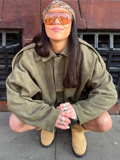 Fall Outfit Inspiration Green Short Jacket With Zipper And Lapel Style
