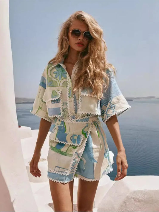 Retro Summer Co Ord Set With Fashion Print Ruffle Blouse And Y2K Skirt Vibes