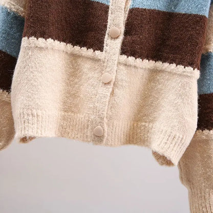 Boho-Chic Multicolor Knit Cardigan with Dramatic Lantern Sleeves for Fall