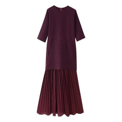 Spring Dress Outfit With Pleated Skirt And Half Sleeves For Vintage Casual Looks