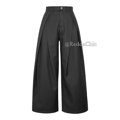Cleanfit 2025 Minimalist Black Pleated Front Wide Leg Trousers with Low Waist Design for Unisex Office to Streetwear Core Style