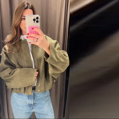Fall Outfit Inspiration Green Short Jacket With Zipper And Lapel Style