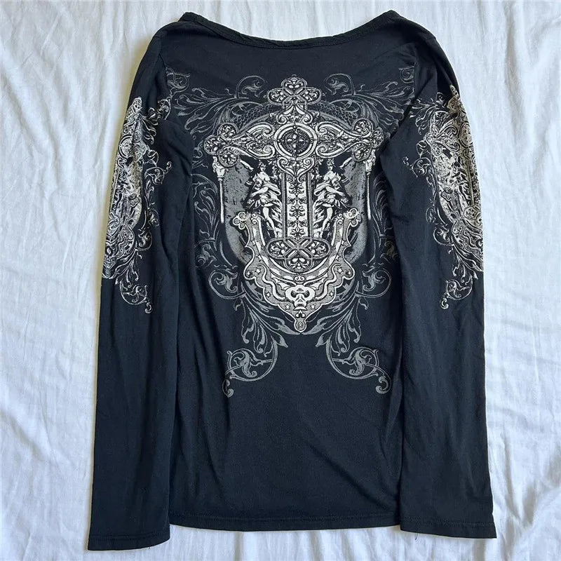 Y2K Vintage Graphic Crop Top - Grunge Long Sleeve Egirl Tee