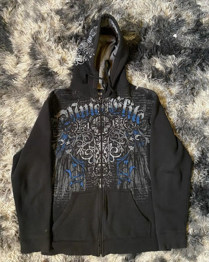 Y2K Grunge Zip Hoodie With Vintage Print For 2025 Fall Outfits Aesthetic