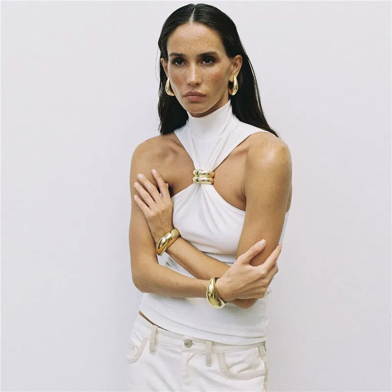 Y2K Turtleneck Knit Crop Tank Top for Women with Metal Ring Detail Sleeveless Ribbed Pullover Camisole Skinny Fit Streetwear Style 2025 Fashion