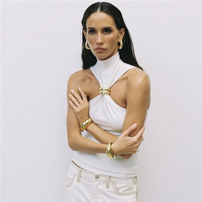 Y2K Turtleneck Knit Crop Tank Top for Women with Metal Ring Detail Sleeveless Ribbed Pullover Camisole Skinny Fit Streetwear Style 2025 Fashion