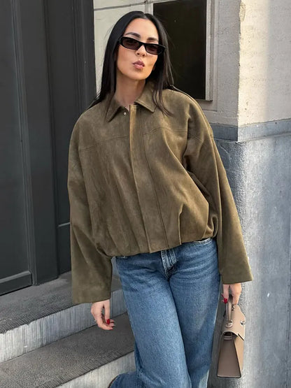 Loose Fit Suede Bomber Jacket Outfit Casual Fall Trend For Women With Lapel Zipper