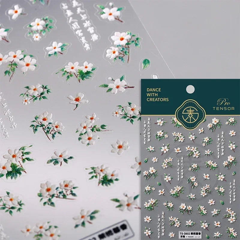 Autumn Nail Art Stickers With White Flowers And Gradient Shine For Fall Nail Ideas