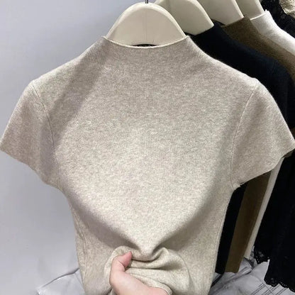Fall Outfit Inspiration Slim Knitted Turtleneck Sweater With Short Sleeves