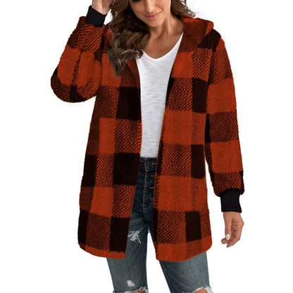 Soft Plush Outerwear With Long Sleeves And Plaid Style For Winter Fall Fashion