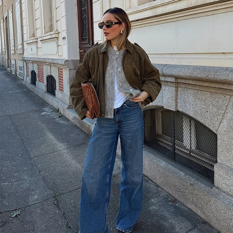 Fall Outfit Inspiration Green Short Jacket With Zipper And Lapel Style