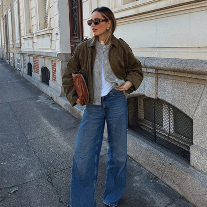 Fall Outfit Inspiration Green Short Jacket With Zipper And Lapel Style