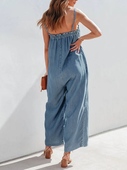 Solid Color Long Romper For Women Featuring Strappy Top And Relaxed Summer Style