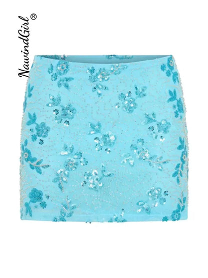 Shiny Sequin Summer Beach Set With Sexy Backless Vest and Mini Holiday Skirt Vibes