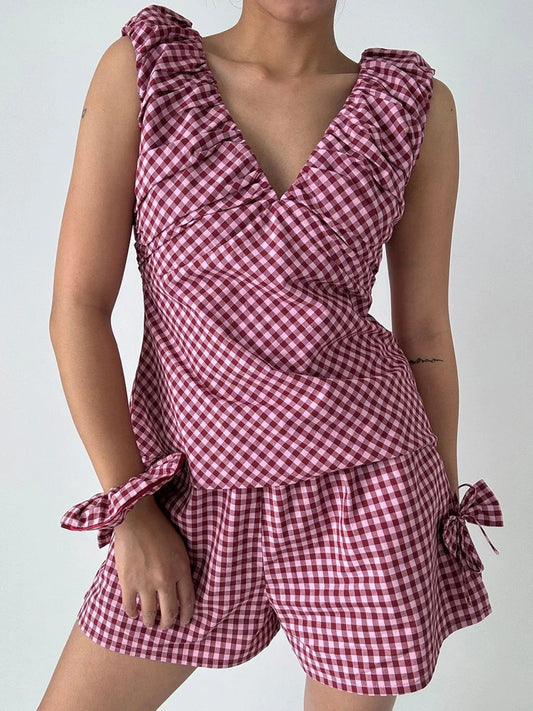 Chic Plaid Matching Set With Off Shoulder V Neckline And Bow Detail For Summer Fashion Vibes