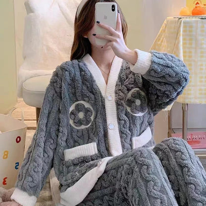 Casual Winter Fleece Cardigan Sleep Set