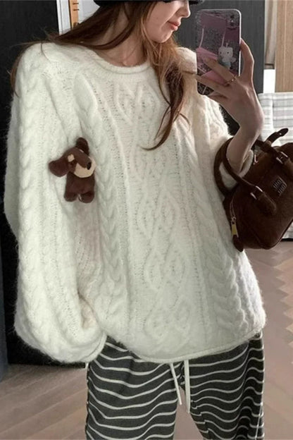 Korean Style Jacquard Knit Sweater With Curled Edges For 2025 Fall Outfits