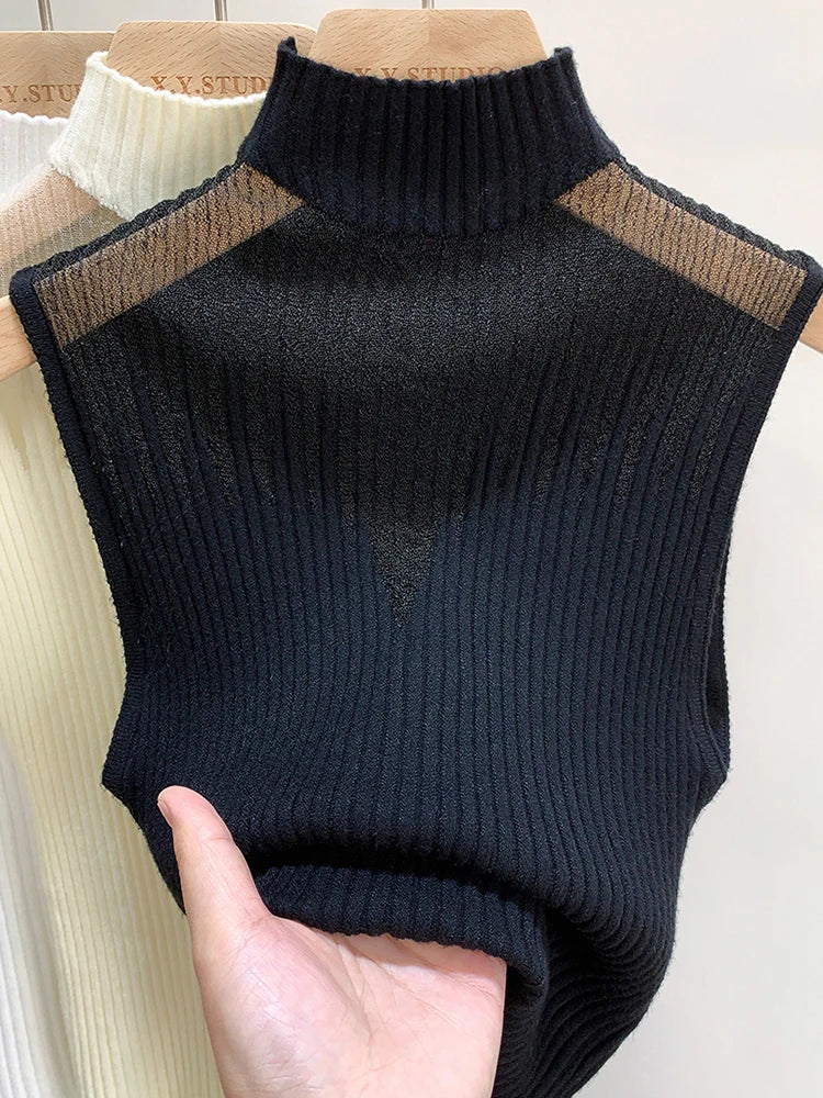 Y2K Mesh Knit Cut Out Tank Top for Women Sleeveless Half Neck Slim Fit Summer Streetwear Aesthetic Retro Sweater Vest 2025 Trend