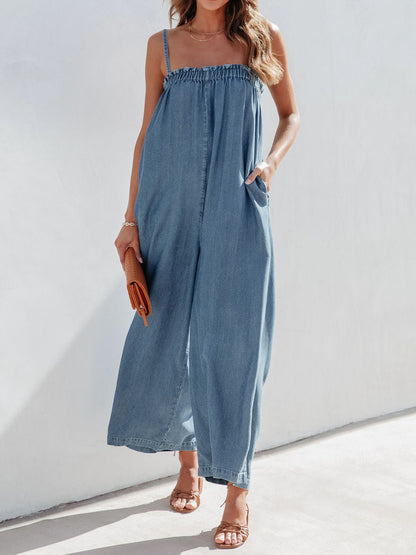 Solid Color Long Romper For Women Featuring Strappy Top And Relaxed Summer Style