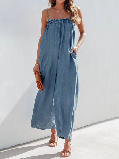 Solid Color Long Romper For Women Featuring Strappy Top And Relaxed Summer Style