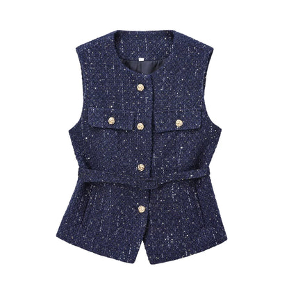 Sleeveless Tweed Waistcoat With Button Front For Trendy Outfit Ideas