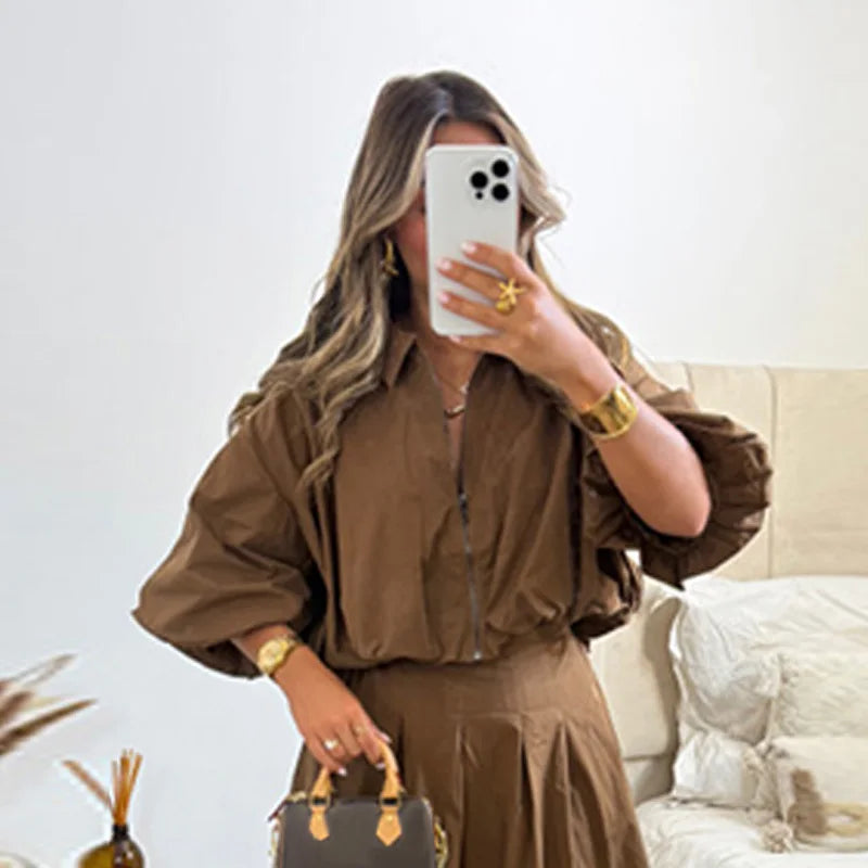 Fall Outfits Casual Pleated Skirt And Zipper Lapel Top Two Piece Outfit - Elegant Autumn Outfit Inspiration Pleated Long Skirt And Lantern Sleeve Top Set