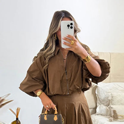 Fall Outfits Casual Pleated Skirt And Zipper Lapel Top Two Piece Outfit - Elegant Autumn Outfit Inspiration Pleated Long Skirt And Lantern Sleeve Top Set