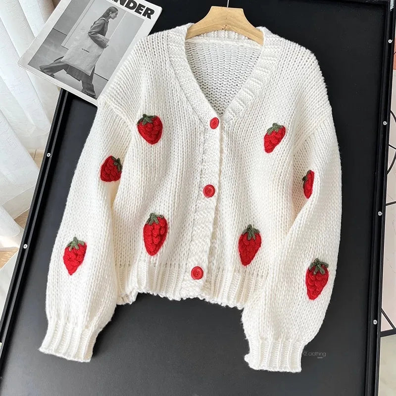 Fall Outfit Ideas Sweet Strawberry Knit Cardigan For Women Preppy Style V Neck Sweater Top