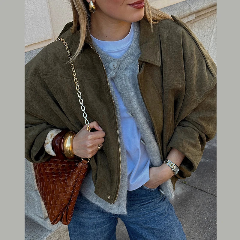 Fall Outfit Inspiration Green Short Jacket With Zipper And Lapel Style