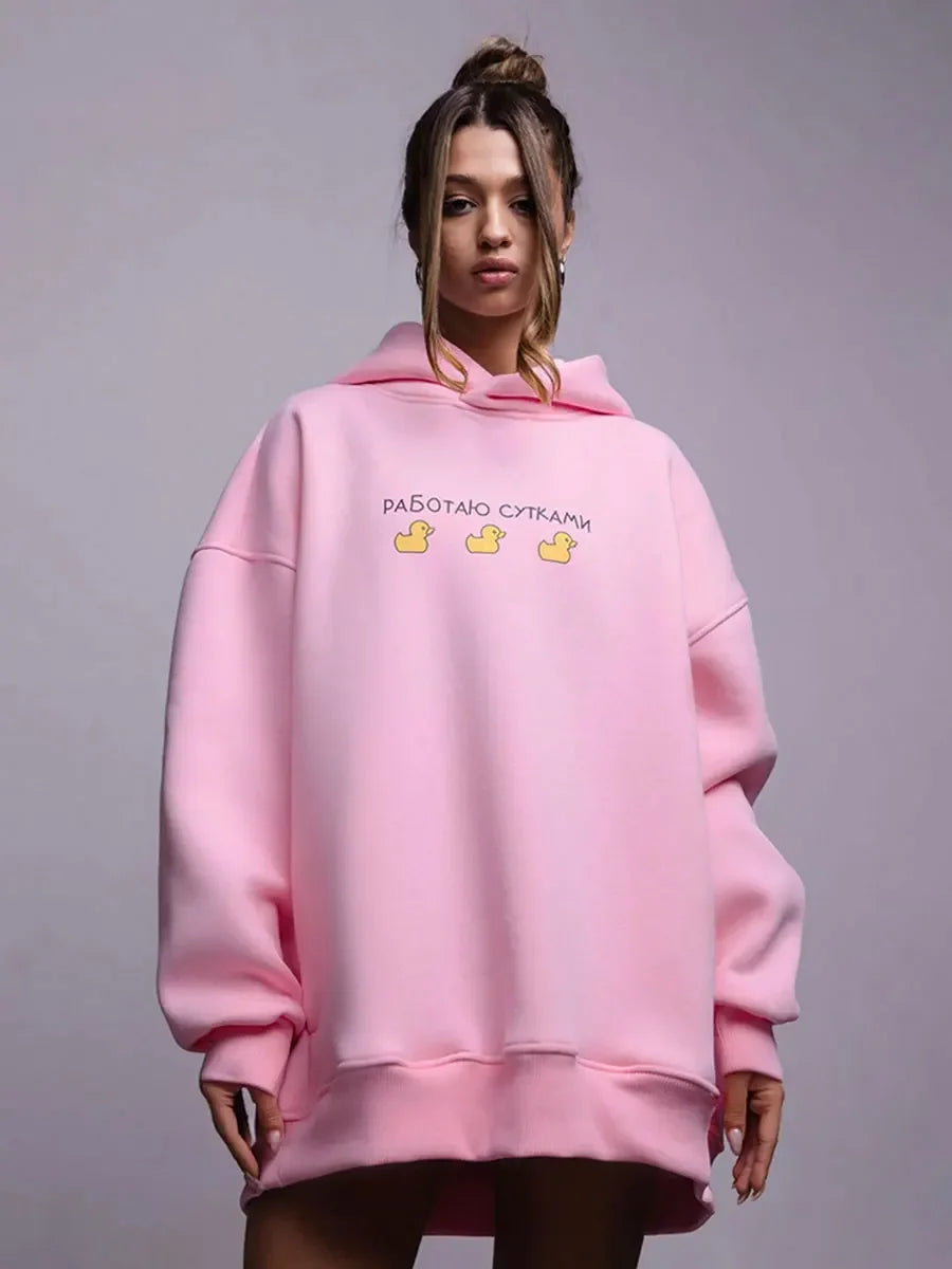 Oversized Duck Print Hoodie With Fleece For Cozy 2025 Fall Outfits Style