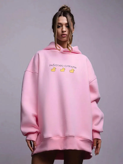 Oversized Duck Print Hoodie With Fleece For Cozy 2025 Fall Outfits Style