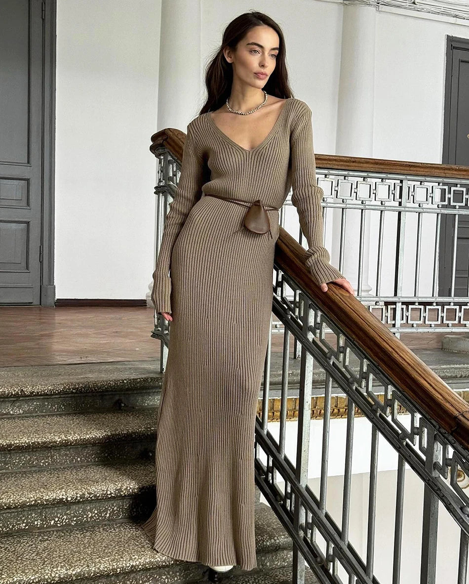 Classic Brown Knit Long Sleeve Dress for Cold Days