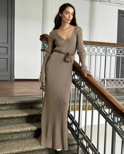 Classic Brown Knit Long Sleeve Dress for Cold Days