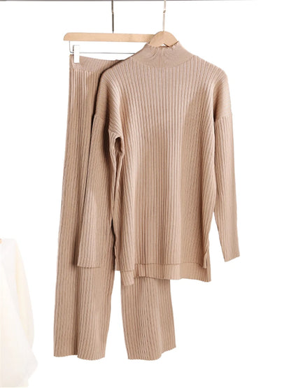 Fall Outfits Casual Knitted 2 Piece Outfit For Women Warm Turtleneck Sweater And Pants Set