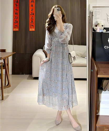 Floral Long Dress With Waist Tie And Swing Silhouette For Spring Outfits Casual