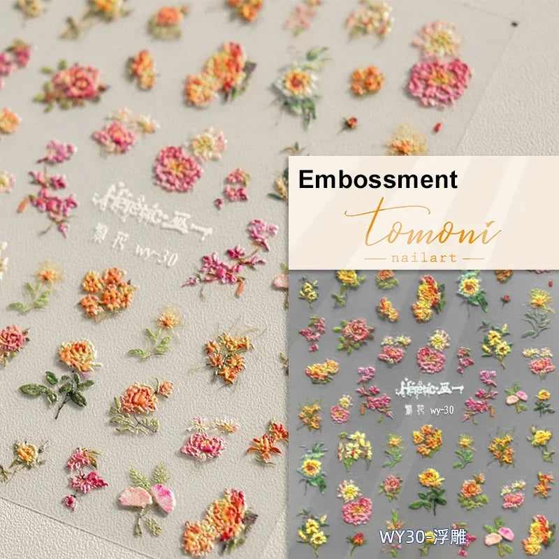 Autumn Nail Art Stickers With White Flowers And Gradient Shine For Fall Nail Ideas