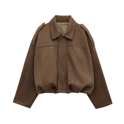Loose Fit Suede Bomber Jacket Outfit Casual Fall Trend For Women With Lapel Zipper