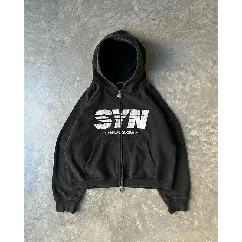 Y2K Grunge Zip Hoodie With Vintage Print For 2025 Fall Outfits Aesthetic
