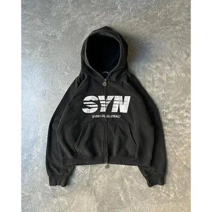 Y2K Grunge Zip Hoodie With Vintage Print For 2025 Fall Outfits Aesthetic