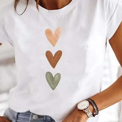 Y2K Love Heart Print T-Shirt for Women Aesthetic 90s Style Casual Summer Tee Girl Graphic O-Neck Top